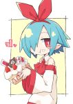  1girl :t animal_ears asameshi blue_hair blush_stickers borrowed_character cake detached_sleeves food food_on_face fruit hair_over_one_eye hair_ribbon heart holding holding_cake holding_food icing long_sleeves looking_at_viewer original pleinair pointy_ears rabbit_ears red_eyes red_neckwear red_ribbon ribbon short_hair solo strawberry strawberry_shortcake upper_body usagi-san wide_sleeves yellow_background 