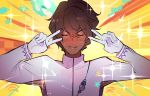  1boy arjuna_(fate/grand_order) bangs blush brown_hair closed_mouth dark_skin dark_skinned_male double_v emotional_engine_-_full_drive fate/grand_order fate_(series) full-face_blush gloves hair_between_eyes hands_up jacket male_focus parody sagta_panggang short_hair solo sparkle sweatdrop v wavy_mouth white_gloves white_jacket yellow_background 