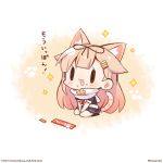  1girl animal_ears artist_name between_legs black_serafuku blonde_hair cat_ears cat_tail chibi commentary fang hair_flaps hair_ornament hair_ribbon hairclip hand_between_legs kantai_collection long_hair looking_at_viewer momoniku_(taretare-13) open_mouth remodel_(kantai_collection) ribbon scarf school_uniform serafuku simple_background sitting skin_fang solo sparkle tail translated wariza white_background yuudachi_(kantai_collection) |_| 