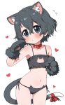  1girl alternate_costume animal_ears bare_shoulders bare_thighs bikini black_bikini black_hair blue_eyes blush bow cat_cutout cat_day cat_ears cat_girl cat_tail collar commentary_request cowboy_shot extra_ears eyebrows_visible_through_hair flying_sweatdrops gloves heart highres kaban_(kemono_friends) kemono_friends kemonomimi_mode no_hat no_headwear paw_gloves paws ransusan red_bow red_collar short_hair solo swimsuit tail tail_bow 