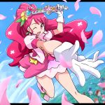  1girl ;d bare_legs choker cure_grace dutch_angle gloves hair_ornament hanadera_nodoka healin&#039;_good_precure heart heart_hair_ornament highres holding holding_wand layered_skirt letterboxed long_hair looking_at_viewer magical_girl one_eye_closed open_mouth out_of_frame outstretched_hand petals pink_eyes pink_hair pink_neckwear pink_skirt precure shoes skirt sky smile solo uraki wand white_footwear white_gloves 