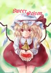  1girl blonde_hair collared_shirt commentary_request cover cover_page dress english_text flandre_scarlet hair_between_eyes highres holding long_hair long_sleeves looking_at_viewer mogmogura puffy_long_sleeves puffy_sleeves red_dress red_eyes shirt smile solo touhou white_shirt yellow_neckwear 