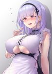  1girl anchor_choker apron azur_lane bangs bare_shoulders black_hairband blush breasts choker commentary_request dido_(azur_lane) dress earrings eyebrows_visible_through_hair frilled_choker frills hairband highres jewelry large_breasts long_hair nameco_(nameco_h) open_mouth pink_eyes silver_hair sleeveless sleeveless_dress solo under_boob underboob_cutout waist_apron white_apron 