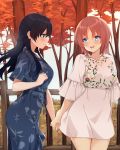  2girls absurdres black_hair blue_dress blue_eyes blush breasts closed_mouth collarbone commission day dress eyebrows_visible_through_hair freckles highres holding_hands looking_at_another medium_breasts multiple_girls open_mouth original outdoors redhead ryan_edian short_hair short_sleeves smile upper_teeth white_dress yuri 