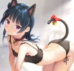  1girl :t all_fours animal_ears ass bangs bare_arms bare_shoulders bare_thighs bell bell_choker bell_collar black_bra black_panties blue_hair bow bra breasts cat_cutout cat_ear_panties cat_ears cat_lingerie cat_tail choker cleavage_cutout collar collarbone commentary_request frilled_bra frills hair_bun jingle_bell lingerie long_hair looking_at_viewer love_live! love_live!_sunshine!! meme_attire mignon panties paw_print side_bun small_breasts solo stomach sulking tail tail_bell tail_bow tsushima_yoshiko underwear underwear_only violet_eyes 
