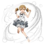  1girl :d ankle_scrunchie bangs barefoot blush bow bowtie brown_hair collarbone dress full_body grey_bow grey_neckwear hair_between_eyes hair_ornament hair_scrunchie halterneck highres layered_dress leg_up looking_at_viewer official_art open_mouth red_eyes ribbon-trimmed_shorts ribbon_trim scrunchie shiny shiny_hair short_hair shorts shorts_under_dress silica sleeveless sleeveless_dress smile solo sparkle sword_art_online transparent_background white_dress white_scrunchie white_shorts wrist_scrunchie 