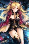 1girl asymmetrical_legwear asymmetrical_sleeves bangs between_breasts birdcage black_legwear black_leotard blonde_hair blush bow breasts cage cape closed_mouth detached_collar earrings ereshkigal_(fate/grand_order) fate/grand_order fate_(series) fur-trimmed_cape fur_trim gold_trim hair_bow hood hooded_cape hoop_earrings infinity jewelry large_breasts leotard long_hair looking_at_viewer necklace parted_bangs red_bow red_cape red_eyes rei_kun single_sleeve single_thighhigh sitting skull smile solo spine thigh-highs tiara two_side_up 