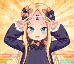  1girl abigail_williams_(fate/grand_order) arms_up bangs black_bow black_dress blonde_hair blue_eyes blush bow double_v dress egasumi emotional_engine_-_full_drive fate/grand_order fate_(series) glowing hair_bow highres keyhole long_hair long_sleeves looking_at_viewer multiple_bows multiple_hair_bows no_hat no_headwear open_mouth orange_bow parody parted_bangs polka_dot polka_dot_bow shimokirin sleeves_past_wrists solo sparkle v v-shaped_eyebrows 