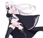  1girl azur_lane bare_shoulders black_footwear boots breasts colorado_(azur_lane) covered_mouth floating_hair hair_over_one_eye hairband high_collar large_breasts long_hair long_sleeves looking_at_viewer off_shoulder red_eyes side_cutout sideboob simple_background siun sleeveless solo thigh-highs thigh_boots white_background white_hair wide_sleeves zettai_ryouiki 