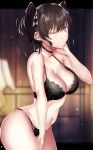  1girl bangs bare_arms bare_shoulders black_bra black_choker black_hair blue_eyes blurry blurry_background bra breasts choker commentary_request cowboy_shot earrings hair_between_eyes hair_ribbon hand_up highres indoors jewelry large_breasts letterboxed looking_at_viewer navel one_eye_closed original outside_border ribbon rinaka_moruchi short_hair solo standing stomach stud_earrings thighs twintails underwear underwear_only 