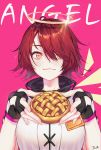  1girl :3 apple_pie arknights bangs black_gloves blush breasts commentary exusiai_(arknights) fingerless_gloves food glint gloves hair_over_one_eye halo hands_up high_collar holding holding_food jacket large_breasts looking_at_viewer orange_eyes pie pink_background redhead short_hair signature simple_background smile solo upper_body white_jacket xxinainaxx 