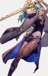  1girl armor black_shorts boots byleth_(fire_emblem) byleth_eisner_(female) cape dagger fire_emblem fire_emblem:_three_houses green_hair grey_background highres holding holding_sword holding_weapon knee_boots medium_hair navel navel_cutout pantyhose parted_lips revision sheath sheathed short_shorts shorts simple_background solo sword sword_of_the_creator vic weapon 