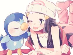  1girl ;d beanie black_eyes black_hair black_shirt boots cheek-to-cheek commentary gen_4_pokemon hair_ornament hat highres hikari_(pokemon) komasawa_(fmn-ppp) long_hair looking_at_another lying on_stomach one_eye_closed open_mouth pink_footwear pink_skirt piplup poke_ball_theme pokemon pokemon_(creature) pokemon_(game) pokemon_dppt red_scarf scarf shirt simple_background skirt sleeveless sleeveless_shirt smile white_background white_headwear 