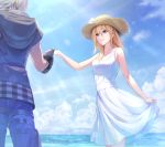  1boy 1girl bangs blonde_hair blue_eyes blue_jacket blue_pants blue_sky breasts clouds cloudy_sky collarbone dress eyelashes feet_out_of_frame fingerless_gloves gloves gogo_(detteiu_de) hat highres holding_hands jacket kingdom_hearts kingdom_hearts_iii lens_flare long_hair looking_at_another medium_breasts namine ocean pants parted_lips riku sidelocks silver_hair skirt_hold sky sleeveless straw_hat sundress sunlight white_dress 