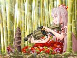  1girl absurdres bamboo bamboo_forest cigarette ears eyebrows eyebrows_visible_through_hair forest fujiwara_no_mokou grenade_launcher gun hair_ribbon highres holding holding_gun holding_weapon long_hair looking_away mgl military nature no_mouth ofuda pants red_eyes red_footwear ribbon shirt short_sleeves sitting suspenders taityon torn_clothes torn_sleeves touhou weapon white_hair 