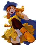  1girl alena_(dq4) arinsu_(kodamamaimai) boots breasts cape curly_hair dragon_quest dragon_quest_iv dress gloves hat highres long_hair looking_at_viewer open_mouth orange_hair panties red_eyes simple_background solo underwear white_background white_panties 