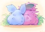  commentary_request creature from_behind full_body gen_1_pokemon grass horn nidoran nidoran_(female) nidoran_(male) no_humans pokemon pokemon_(creature) sakata_kaname spikes 