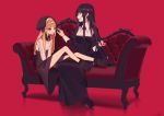  2girls bangs black_dress black_footwear black_hair blonde_hair chocolate closed_eyes collared_dress couch cross cross_necklace dress feeding hat jewelry multiple_girls necklace open_mouth original red_eyes satellite12 simple_background sitting 