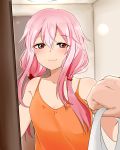  1girl absurdres bare_shoulders breasts casual guilty_crown hair_ornament hands highres long_hair looking_at_viewer pencilanon pink_hair pov red_eyes smile solo_focus third-party_source twintails yuzuriha_inori 