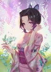  1girl bangs black_hair blush breasts butterfly_hair_ornament closed_mouth floral_background floral_print flower flower_request gradient_hair hair_ornament hair_tucking highres japanese_clothes kimetsu_no_yaiba kimono kochou_shinobu littleamber long_sleeves looking_at_viewer multicolored_hair obi outstretched_hand parted_bangs petals pink_kimono purple_hair sash smile solo sunlight upper_body violet_eyes wisteria 