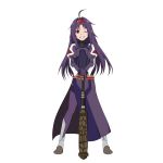  1girl ahoge covered_navel floating_hair full_body grin hair_intakes hands_on_hilt headband highres long_hair looking_at_viewer official_art one_eye_closed pantyhose pointy_ears purple_coat purple_hair purple_legwear red_eyes red_headband shiny shiny_hair smile solo standing sword_art_online thighband_pantyhose transparent_background very_long_hair violet_eyes yuuki_(sao) 