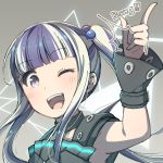  /\/\/\ 1girl ;d armpits ayasaka bang_dream! bangs black_collar black_hair blunt_bangs collar commentary finger_gun grey_background hair_bobbles hair_ornament long_hair looking_at_viewer multicolored_hair one_eye_closed open_mouth pareo_(bang_dream!) sidelocks smile solo twintails two-tone_hair upper_body violet_eyes white_hair wrist_cuffs 