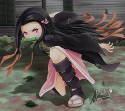  1girl absurdres andreas_meidy arms_up artist_name bamboo bit_gag black_hair brown_hair building commentary english_commentary fighting_stance forehead furrowed_eyebrows gag gradient_hair hair_ribbon haori highres japanese_clothes kamado_nezuko kimetsu_no_yaiba kimono leaf leg_warmers long_hair multicolored_hair one_knee pink_eyes pink_kimono ribbon sandals shadow solo squatting tabi very_long_hair white_legwear 