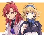  2girls blonde_hair blue_eyes blue_hairband closed_mouth constance_von_nuvelle earrings eating fire_emblem fire_emblem:_three_houses food food_on_face garreg_mach_monastery_uniform hairband hapi_(fire_emblem) jewelry long_sleeves multicolored_hair multiple_girls naho_(pi988y) open_mouth orange_background purple_hair red_eyes redhead short_hair simple_background twitter_username uniform upper_body 