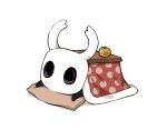  1other arizuka_(catacombe) commentary_request food fruit hollow_eyes hollow_knight horns knight_(hollow_knight) kotatsu lying mandarin_orange mask no_humans pillow simple_background solo table under_kotatsu under_table white_background 