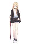  1girl absurdres ahoge black_footwear black_jacket black_shorts blonde_hair blue_eyes blush braid closed_mouth collarbone eyebrows_visible_through_hair full_body hand_on_hilt heterochromia highres holding holding_sword holding_weapon hyonee jacket long_hair looking_at_viewer original red_eyes shirt shoes shorts simple_background smile sneakers solo sword weapon white_background white_shirt 