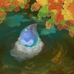  afloat autumn_leaves castform closed_eyes closed_mouth commentary creature english_commentary full_body gen_3_pokemon memookami no_humans pokemon pokemon_(creature) ripples signature smile solo water 