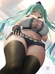  1girl bangs black_legwear blush breasts cowboy_shot denim denim_shorts eyebrows_visible_through_hair fingerless_gloves from_below girls_frontline gloves green_eyes green_hair hat highres large_breasts long_hair looking_at_viewer micro_uzi_(girls_frontline) midriff navel oekakizuki pouch shorts thigh-highs twintails very_long_hair 