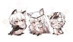  1boy 2girls animal_ear_fluff animal_ears arknights armband black_cape black_gloves black_jacket black_pants braid brother_and_sister cabbie_hat cape checkered checkered_hat chibi cliffheart_(arknights) closed_eyes gloves grey_eyes hand_up hat head_chain highres honyang jacket leopard_ears leopard_tail long_hair long_sleeves multicolored_hair multiple_girls pants pramanix_(arknights) short_hair siblings silverash_(arknights) sleeveless streaked_hair tail tail_hug twin_braids very_long_hair white_hair 