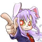  1girl :3 animal_ears avatar_icon blazer carrot chamaji collared_blouse commentary eyebrows_visible_through_hair finger_gun hair_between_eyes jacket long_hair looking_at_viewer lowres moon_rabbit necktie outstretched_arm pointing pointing_at_viewer purple_hair rabbit_ears red_eyes red_neckwear reisen_udongein_inaba signature solo touhou upper_body white_background yellow_sclera 