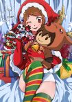  absurdres aioka_(aichiu_kuchiu) blush breasts brown_eyes brown_hair christmas commentary_request digimon digimon_adventure digimon_adventure_02 gloves hat highres huge_filesize looking_at_viewer short_hair smile tailmon thigh-highs wizarmon yagami_hikari yagami_taichi 