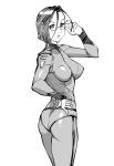  1girl ass bodysuit breasts closed_mouth glasses looking_at_viewer monochrome niimi_kaoru short_hair simple_background skin_tight solo twisted_torso uchuu_senkan_yamato uchuu_senkan_yamato_2199 ueyama_michirou uniform white_background 