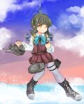  1girl adapted_turret blue_bow blue_bowtie blue_sky bob_cut boots bow bowtie braid brown_dress brown_eyes cannon clouds cross-laced_footwear dress full_body gradient_sky green_hair grey_legwear halterneck highres kantai_collection lace-up_boots long_sleeves machinery pantyhose pleated_dress school_uniform shirt short_hair short_hair_with_long_locks sidelocks sky solo standing standing_on_liquid takanami_(kancolle) turret white_shirt yashin_(yasinz) 