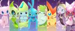  :d :o blue_eyes celebi closed_mouth creature diancie face fangs floating gen_1_pokemon gen_2_pokemon gen_3_pokemon gen_4_pokemon gen_5_pokemon gen_6_pokemon green_eyes green_hair jirachi looking_at_viewer maiko_(mimi) manaphy meloetta meloetta_(aria) mew no_humans one_eye_closed open_mouth pokemon pokemon_(creature) purple_background red_eyes shaymin shaymin_(land) smile v victini 