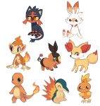  :d bird blue_eyes charamells charmander chimchar claws closed_eyes closed_mouth creature cyndaquil fennekin fiery_tail fire flame full_body gen_1_pokemon gen_2_pokemon gen_3_pokemon gen_4_pokemon gen_5_pokemon gen_6_pokemon gen_7_pokemon gen_8_pokemon litten monkey no_humans open_mouth pokemon pokemon_(creature) red_eyes scorbunny simple_background sitting smile standing tail tepig torchic violet_eyes white_background 