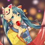  1girl asymmetrical_clothes asymmetrical_sleeves bangs blue_bow blue_eyes blue_hair blurry blurry_background bow breasts candy_apple collarbone detached_sleeves dust_particles eyebrows_visible_through_hair floating_hair food fox_mask hair_between_eyes hatsune_miku highres holding holding_food japanese_clothes kimono long_hair long_sleeves mask mask_on_head sash shi_yiyiyi shiny shiny_hair small_breasts solo upper_body very_long_hair vocaloid wide_sleeves 