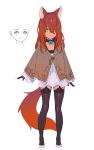  1girl absurdres animal_ears arms_at_sides black_choker brown_jacket choker closed_mouth clothes collarbone dark_skin fox_ears fox_tail full_body garter_straps gloves green_eyes hair_between_eyes hair_over_eyes highres jacket light_smile long_sleeves looking_at_viewer nagisa_kurousagi orange_hair original purple_gloves purple_legwear simple_background standing tail thigh-highs white_background zettai_ryouiki 