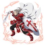  1boy black_pants boots cape closed_mouth faulds floating_hair full_body gloves heathcliff highres holding holding_shield holding_sword holding_weapon long_hair male_focus official_art pants ponytail red_footwear shield shoulder_armor silver_hair solo spaulders sword sword_art_online transparent_background weapon white_cape white_gloves 