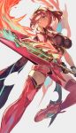  1girl armor bangs boots breasts earrings fingerless_gloves fire gem gloves hair_ornament headpiece highres holding holding_sword holding_weapon pyra_(xenoblade) jewelry large_breasts one_eye_closed pose red_eyes red_shorts redhead short_hair short_shorts shorts shoulder_armor solo swept_bangs sword thigh-highs vic weapon xenoblade_(series) xenoblade_2 