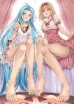  2girls :d ahoge aldehyde backlighting bangs bare_shoulders barefoot blonde_hair blue_eyes blue_hair blush bow bracer breasts brown_eyes chain choker collarbone curtains djeeta_(granblue_fantasy) dress feet fighter_(granblue_fantasy) forehead granblue_fantasy hairband highres legs long_hair looking_at_viewer lyria_(granblue_fantasy) medium_breasts multiple_girls open_mouth panties parted_bangs pink_bow pink_dress puffy_short_sleeves puffy_sleeves short_hair short_sleeves sitting small_breasts smile swept_bangs toes underwear very_long_hair white_dress window 