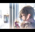  1girl backpack bag black_gloves black_hair brown_eyes commentary_request daito earphones earphones from_side gift gloves ground_vehicle letterboxed mole mole_under_eye original plaid plaid_scarf portrait power_lines scarf serious snow solo train valentine winter 
