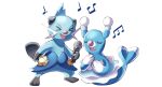  &gt;_&lt; :d brionne closed_eyes commentary conmimi creature dewott english_commentary fang full_body gen_5_pokemon gen_7_pokemon holding holding_microphone microphone music musical_note no_humans open_mouth pokemon pokemon_(creature) simple_background singing smile standing white_background 