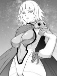 1girl bodysuit breasts cape closed_mouth commentary_request gloves looking_at_viewer miniskirt_pirates monochrome quartz_christie short_hair solo space ueyama_michirou 