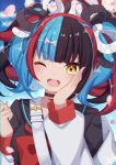  1girl ;d absurdres bangs black_collar black_hair black_sailor_collar black_shirt blue_hair blunt_bangs blurry blurry_background blush bow brown_eyes collar commentary_request depth_of_field eyebrows_visible_through_hair fate/grand_order fate_(series) hands_up highres jacket long_sleeves multicolored_hair off_shoulder one_eye_closed open_clothes open_jacket open_mouth puffy_long_sleeves puffy_sleeves red_bow redhead round_teeth sailor_collar sapphire_(sapphire25252) sei_shounagon_(fate) shirt smile solo sparkle teeth twintails two-tone_hair upper_teeth white_jacket yellow_eyes 
