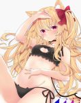  1girl animal_ears bangs bare_arms bell black_bra black_choker black_panties blonde_hair bow bra breasts cat_cutout cat_ears cat_lingerie choker flandre_scarlet grey_background hair_bow jingle_bell kemonomimi_mode long_hair looking_at_viewer lying meme_attire on_back panties red_bow red_eyes side-tie_panties simple_background small_breasts solo tosakaoil touhou underwear underwear_only wings 