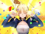  1girl ahoge artoria_pendragon_(all) blonde_hair boned_meat bowl breasts chopsticks closed_eyes closed_mouth double_v emotional_engine_-_full_drive fate/grand_order fate/stay_night fate_(series) food fork knife meat migiha omurice parody puffy_sleeves rice_bowl saber solo v 